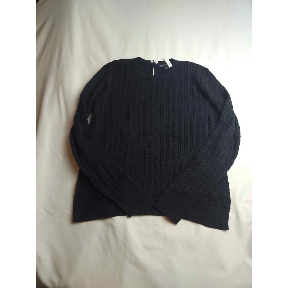 Brooks Brothers Womens Navy Blue Cable Knit Cotton Keyhole Sweater Large